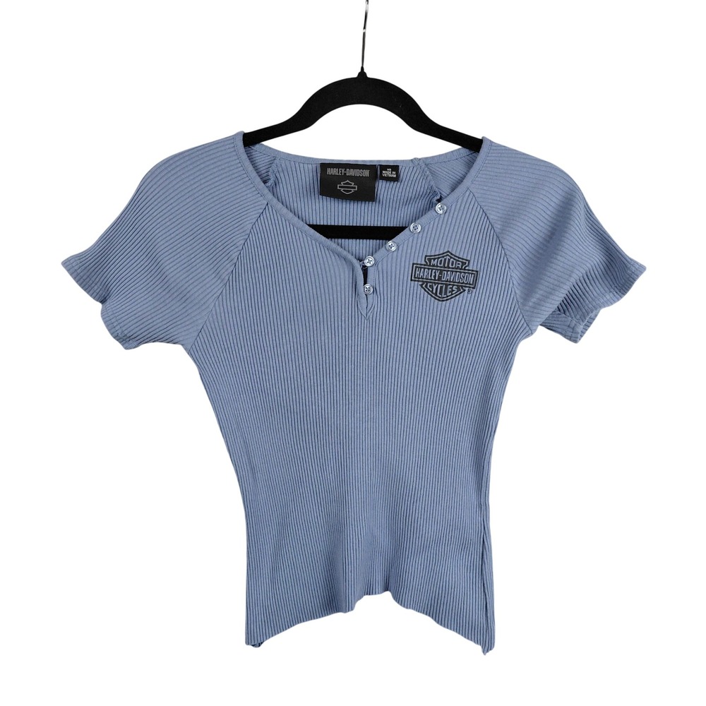 Harley-Davidson Womens Blue Ribbed Henley Graphic Short Sleeve Top XS